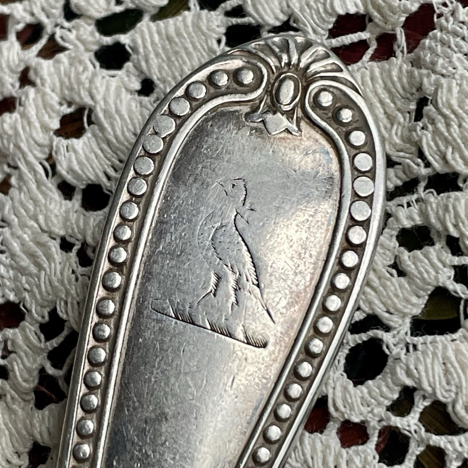 Antique Wood & Hughes Samuel Benedict Bros Coin Silver 7” Spoon Bird Crest 1850s
