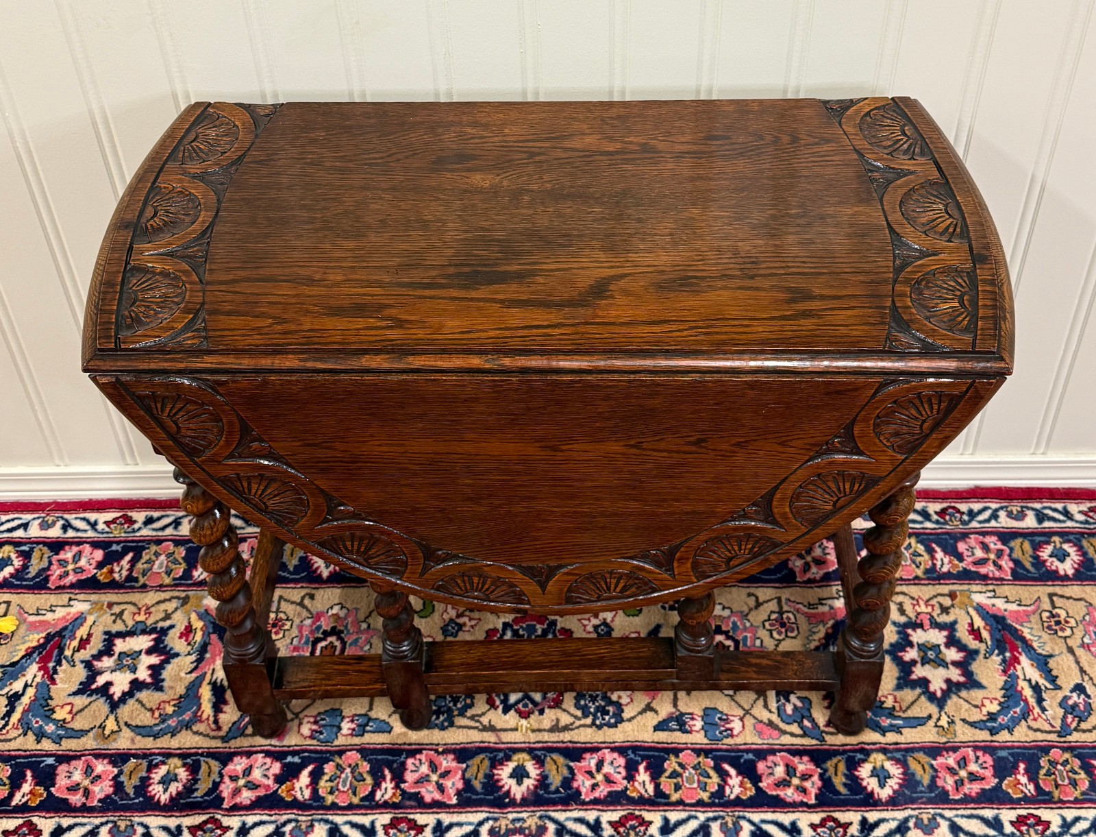 Antique English Table Drop Leaf Gateleg CARVED TOP Barley Twist Oak c. 1920-30s