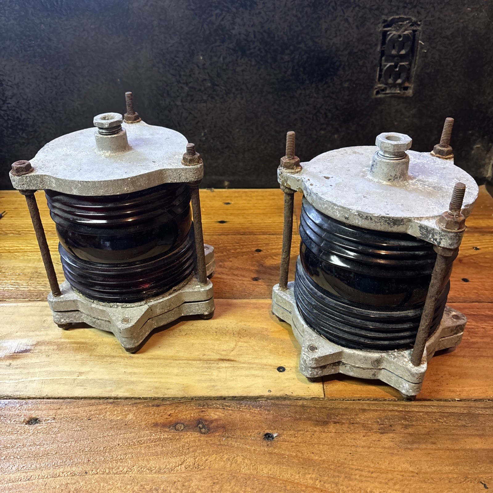 Vintage Corning Ship Blue Red Glass Fresnel Running Lights Lens Nautical Rare