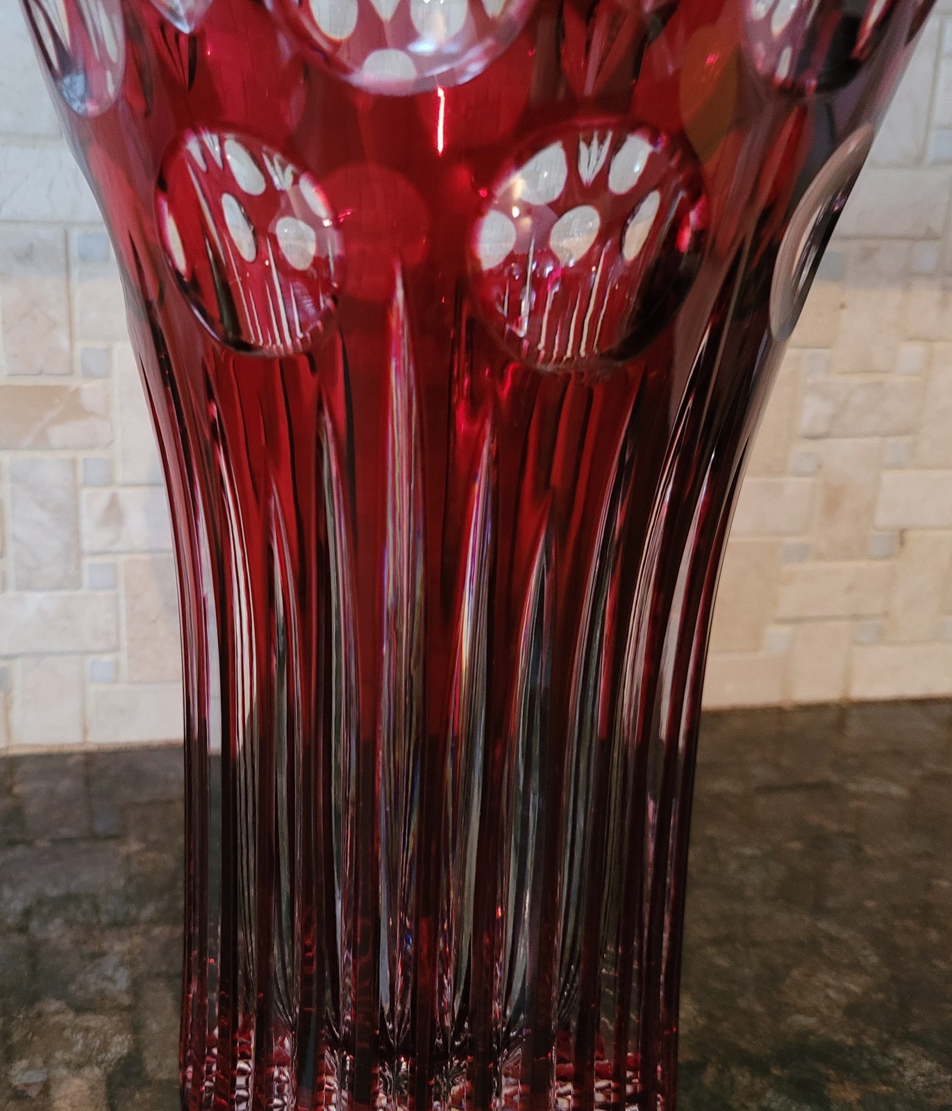 Large Antique Ruby Cut to Clear Crystal vase in perfect condition, 10 1/8″ Tall