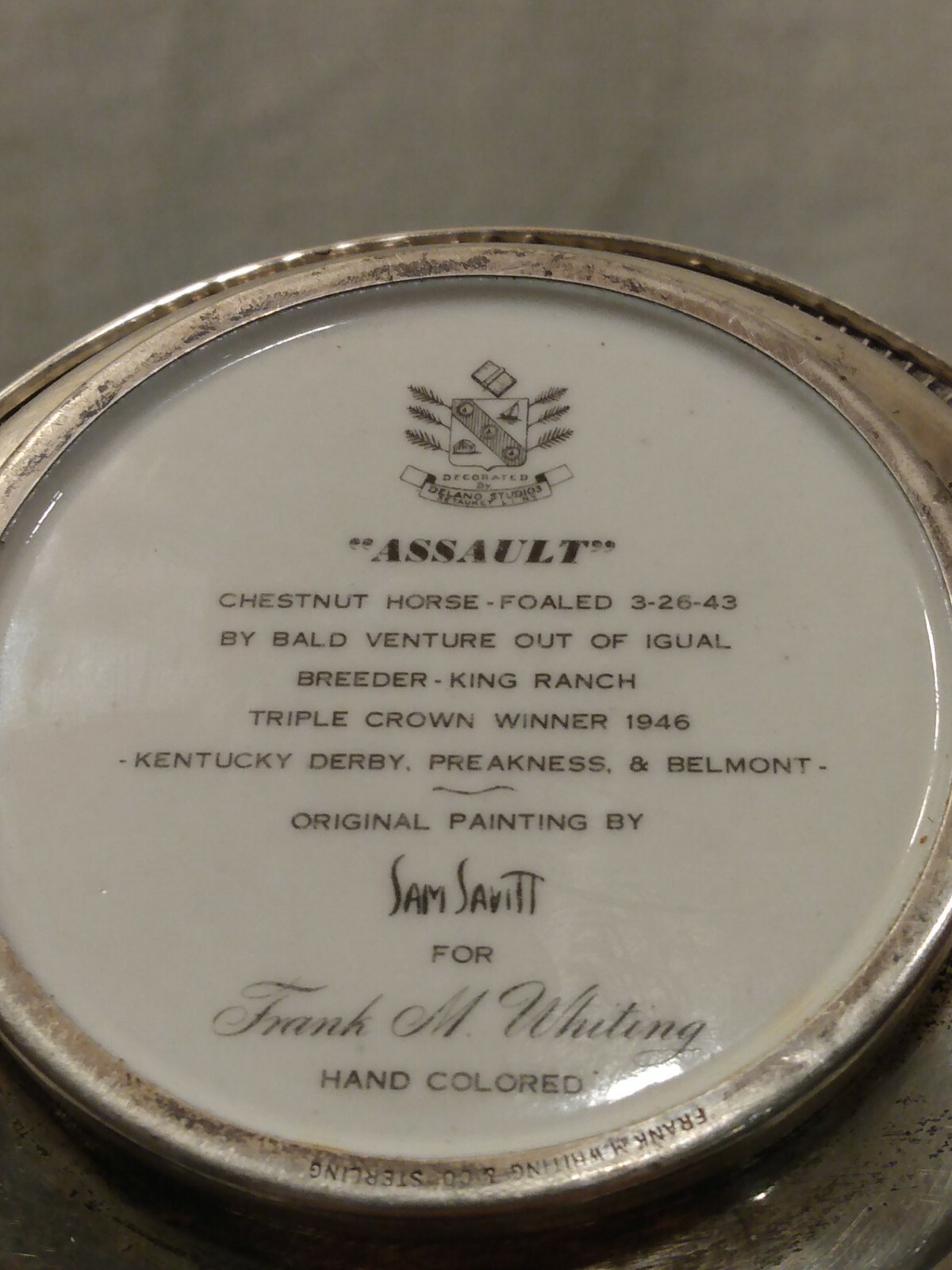 “Assault” sterling silver coaster By Frank M Whiting Triple Crown Winner 1946