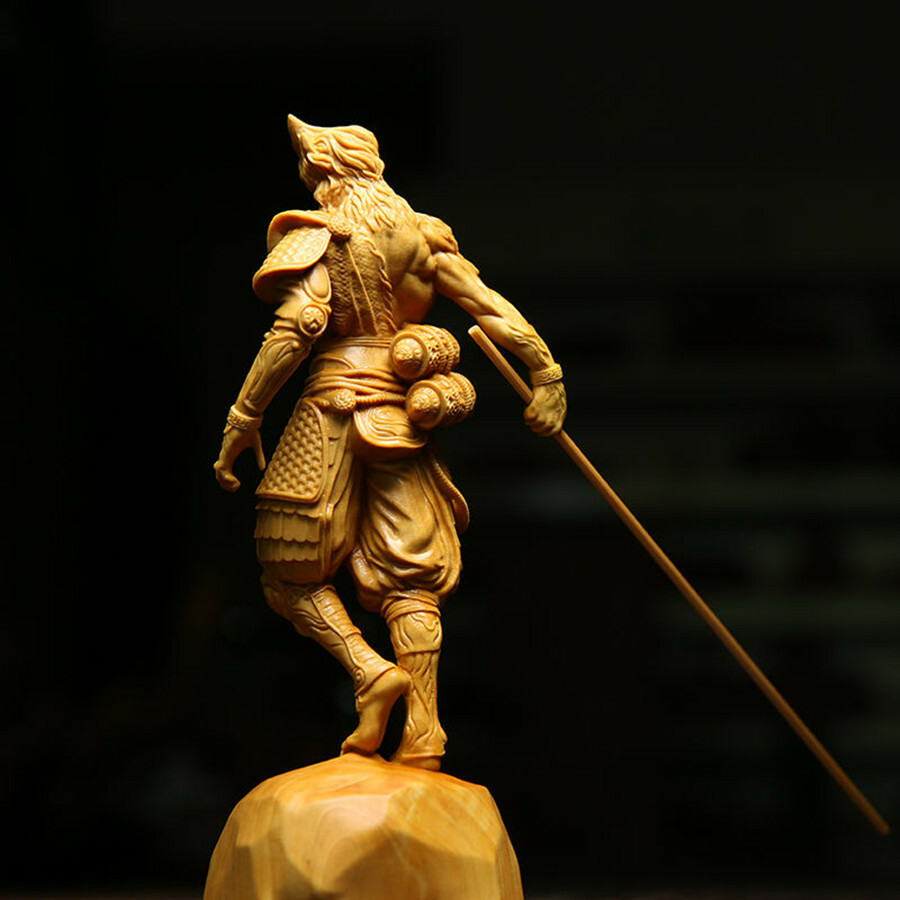 Sun Wukong Statue Monkey King Kung Fu Boxwood Handwork Carving Ornaments