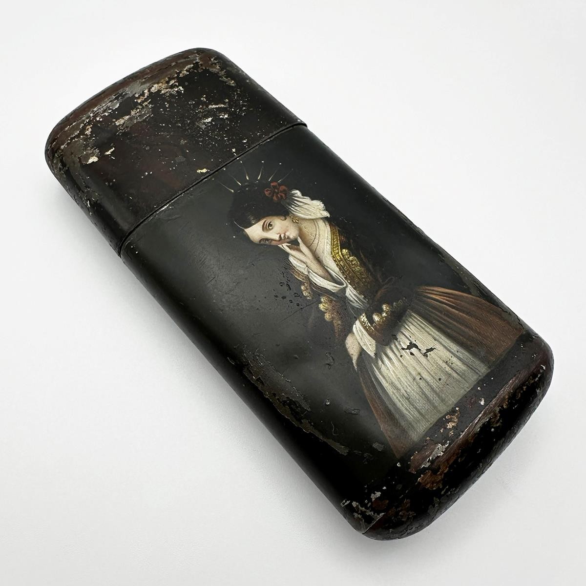 VICTORIAN TOLEWARE CIGAR CASE PAINTED LADY 19TH CENTURY