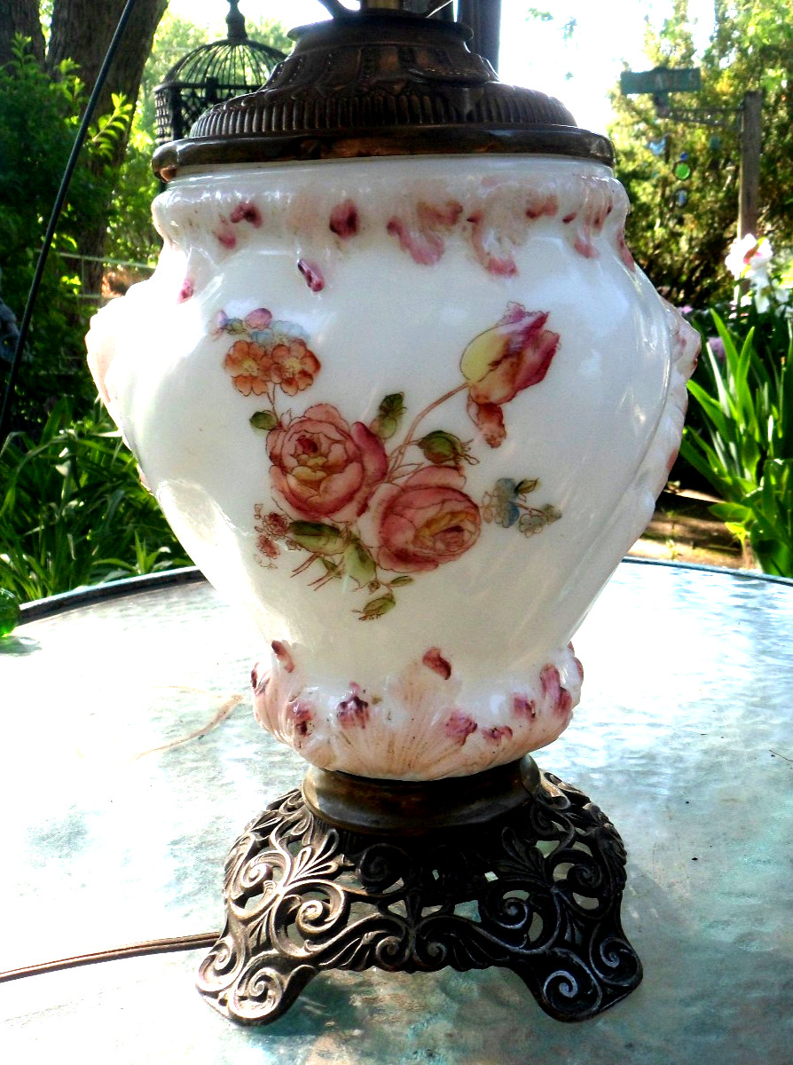 Antique Parlor Kerosene Oil Lamp Puffy Rose Embossed Converted Elec