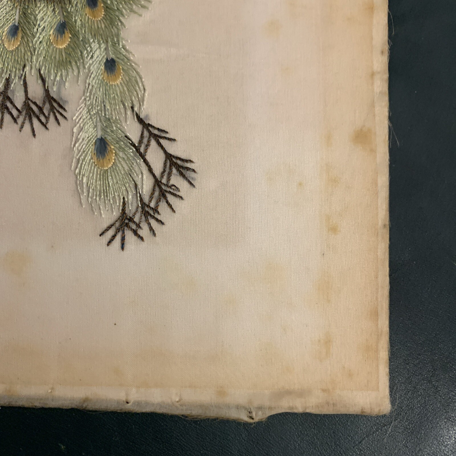Oriental Silk Hand made Embroidered Picture of Peacocks and Flowers. No frame.