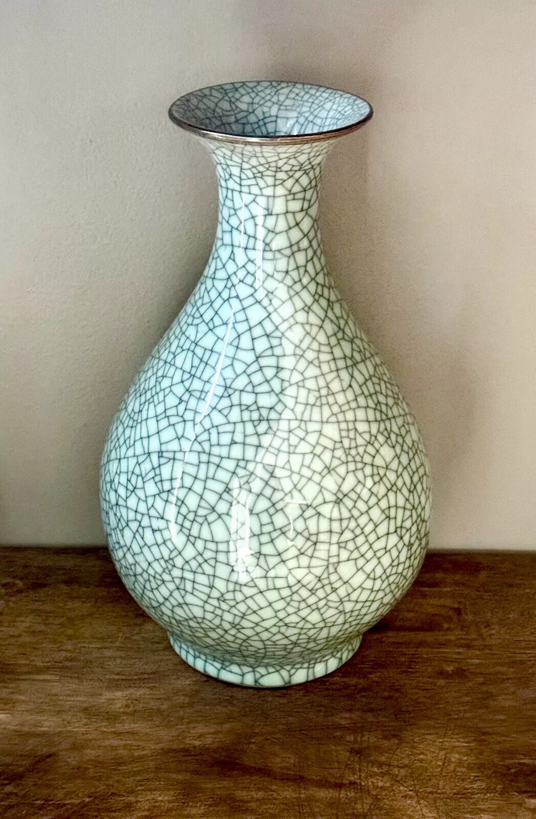Vintage Chinese Art Porcelain Crackle Celadon 14 Inch Vase