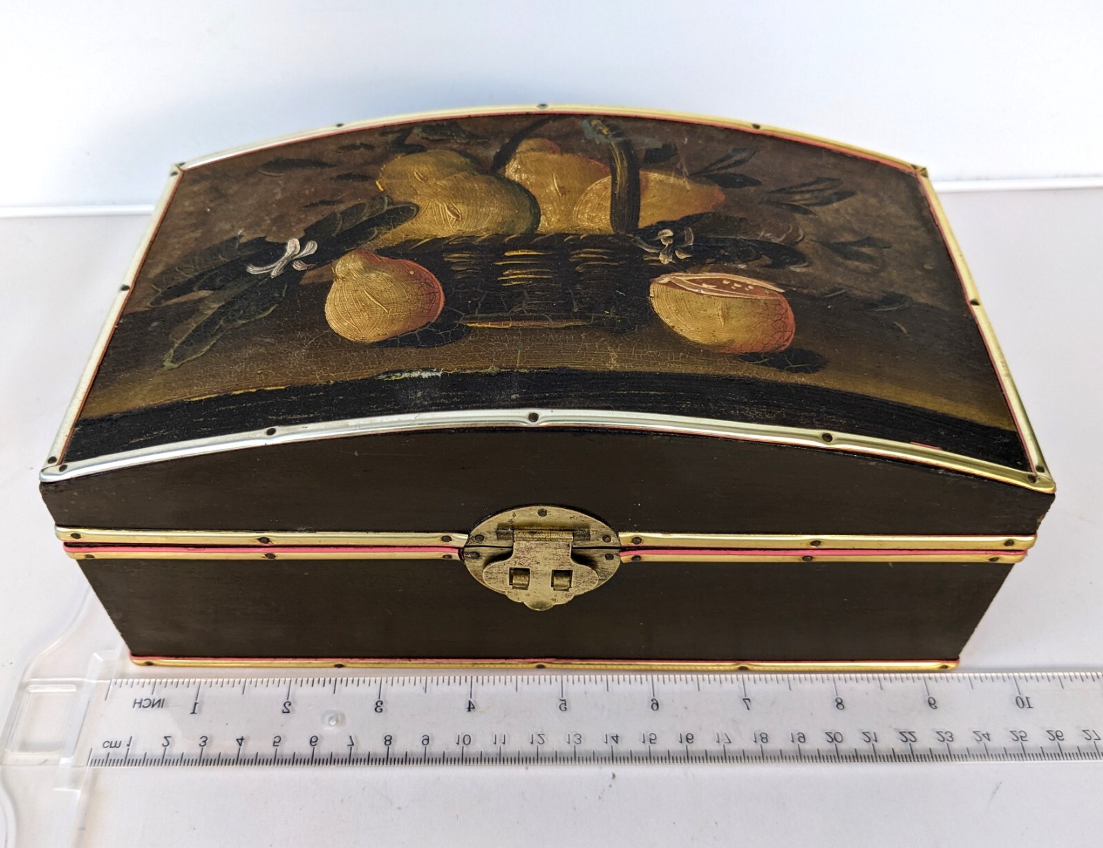 Vintage Jewellery Trinket Box Wooden Chest with Hand Painted Fruit Lid