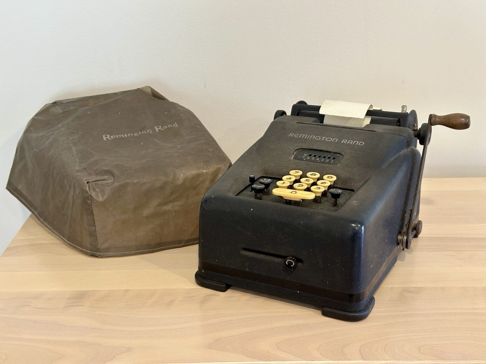 Vintage REMINGTON RAND Adding Machine w Cover 1940s Works paper included