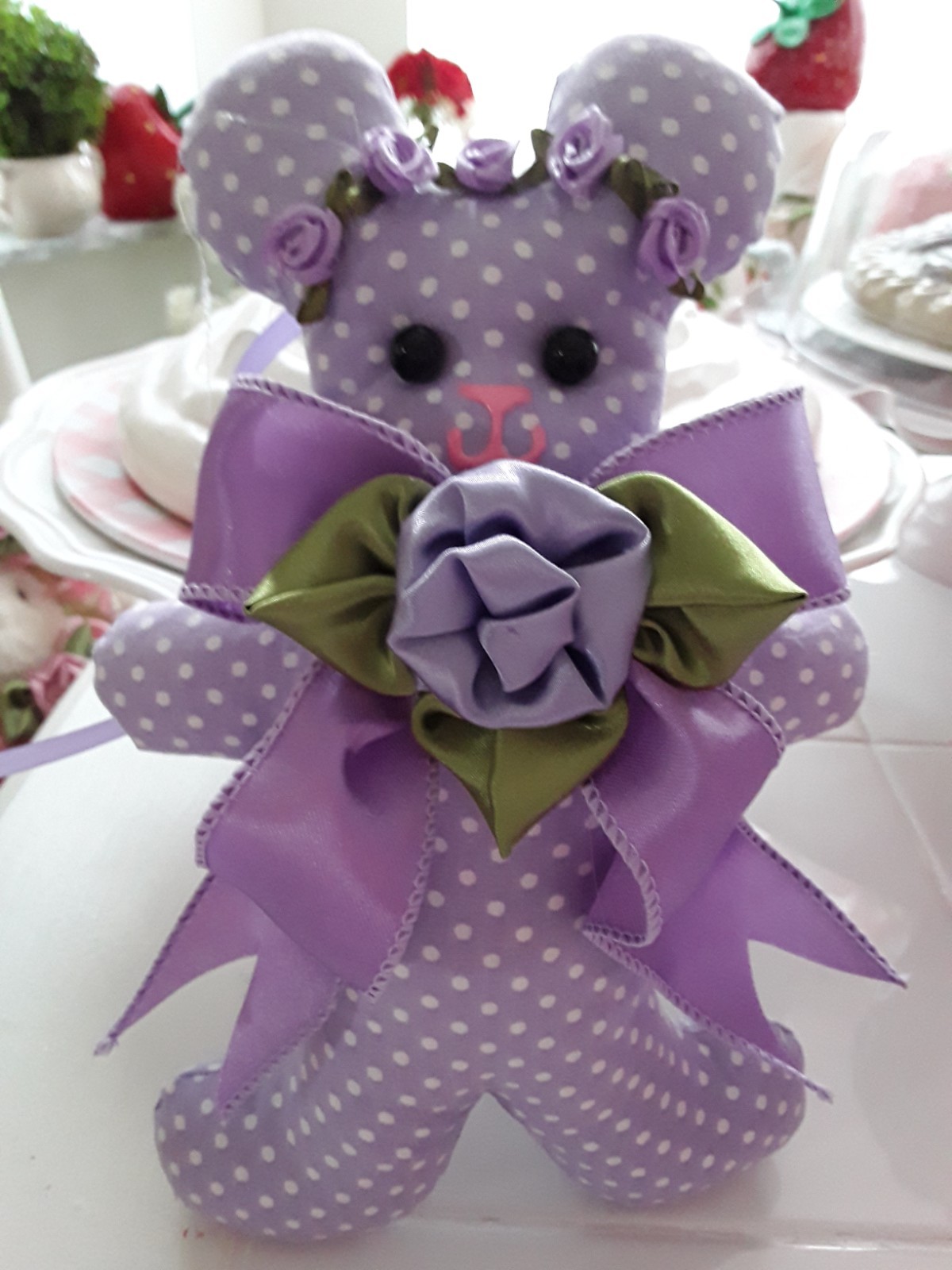 LAVENDER ROSES AND BOWS LAVENDER DOTS FABRIC BIG DECORATIVE TEDDY BEAR ORNAMENT