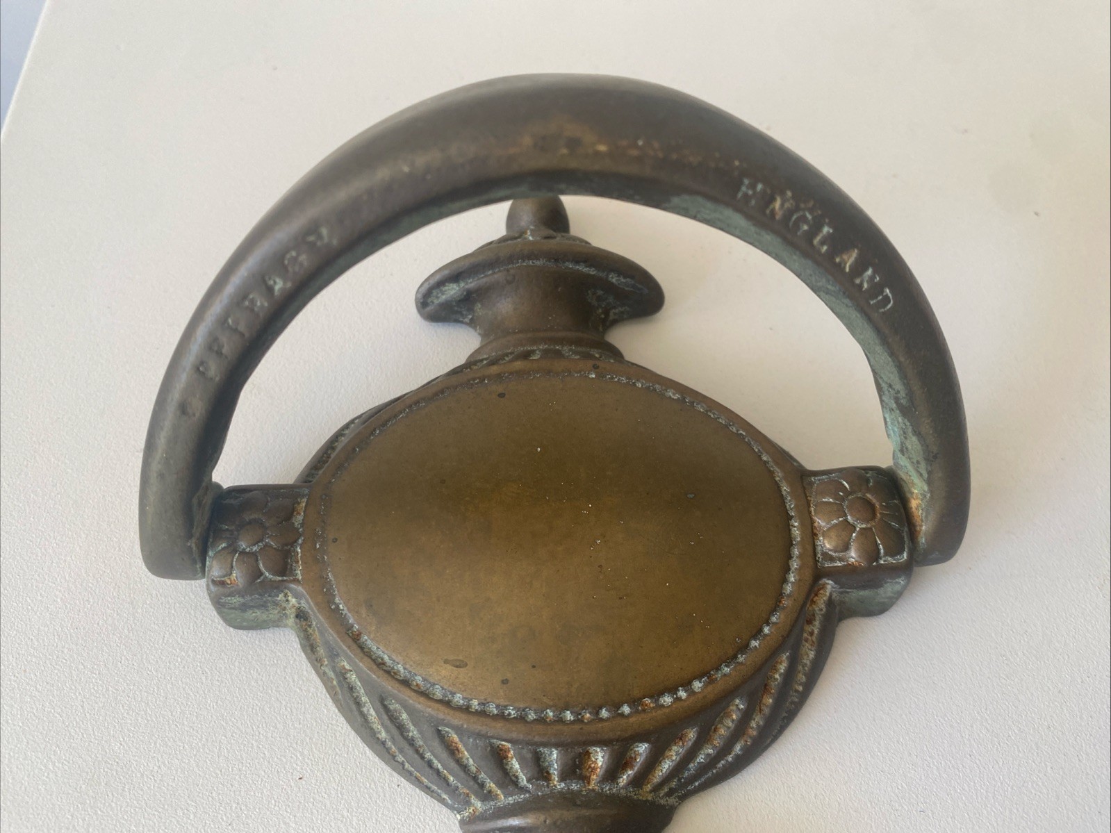 Vintage Solid Brass Door Knocker Sheep Head Peerage England Patina Ornate