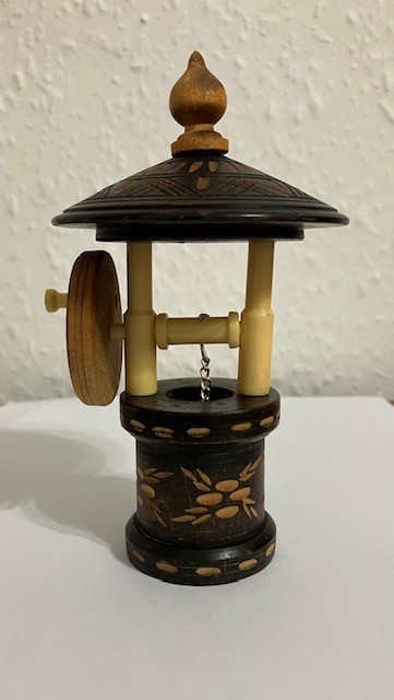 Vintage Dark/Light Toned Turned Wood Wishing Well Model Ornament.