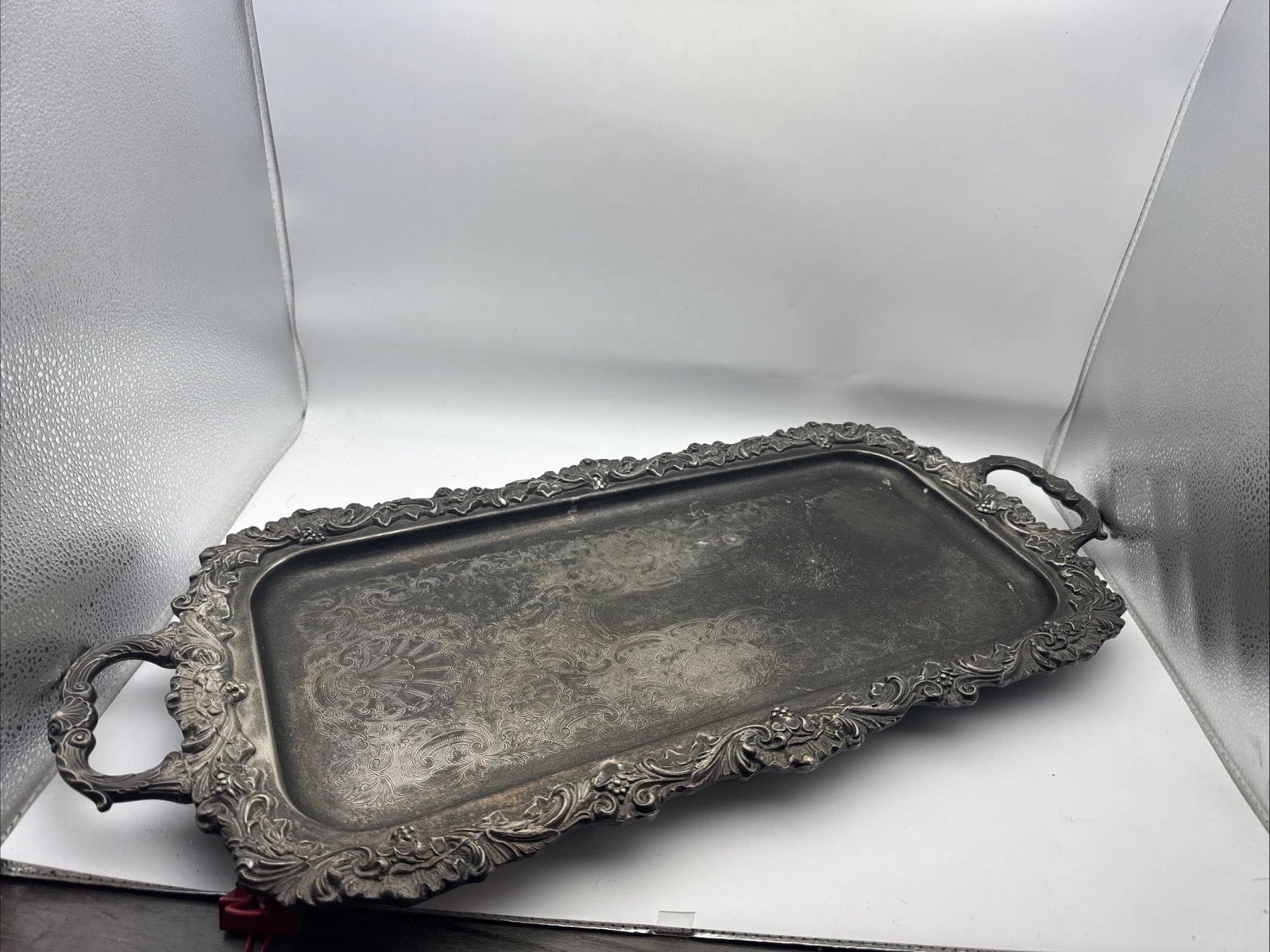 Vintage Sheffield Silver Co USA Silver Plate Tray 25” x 10 3/4” Scalloped Edge