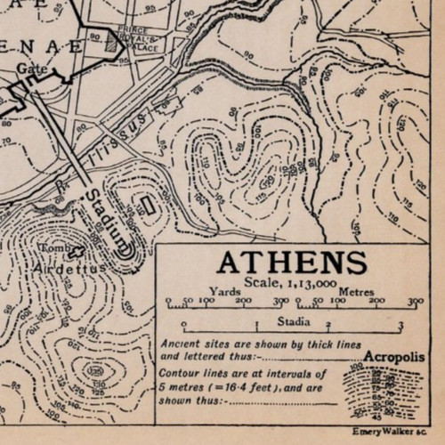 Athens Greece Map Acropolis Ancient Sites Temples Detailed 1910 Antique Map
