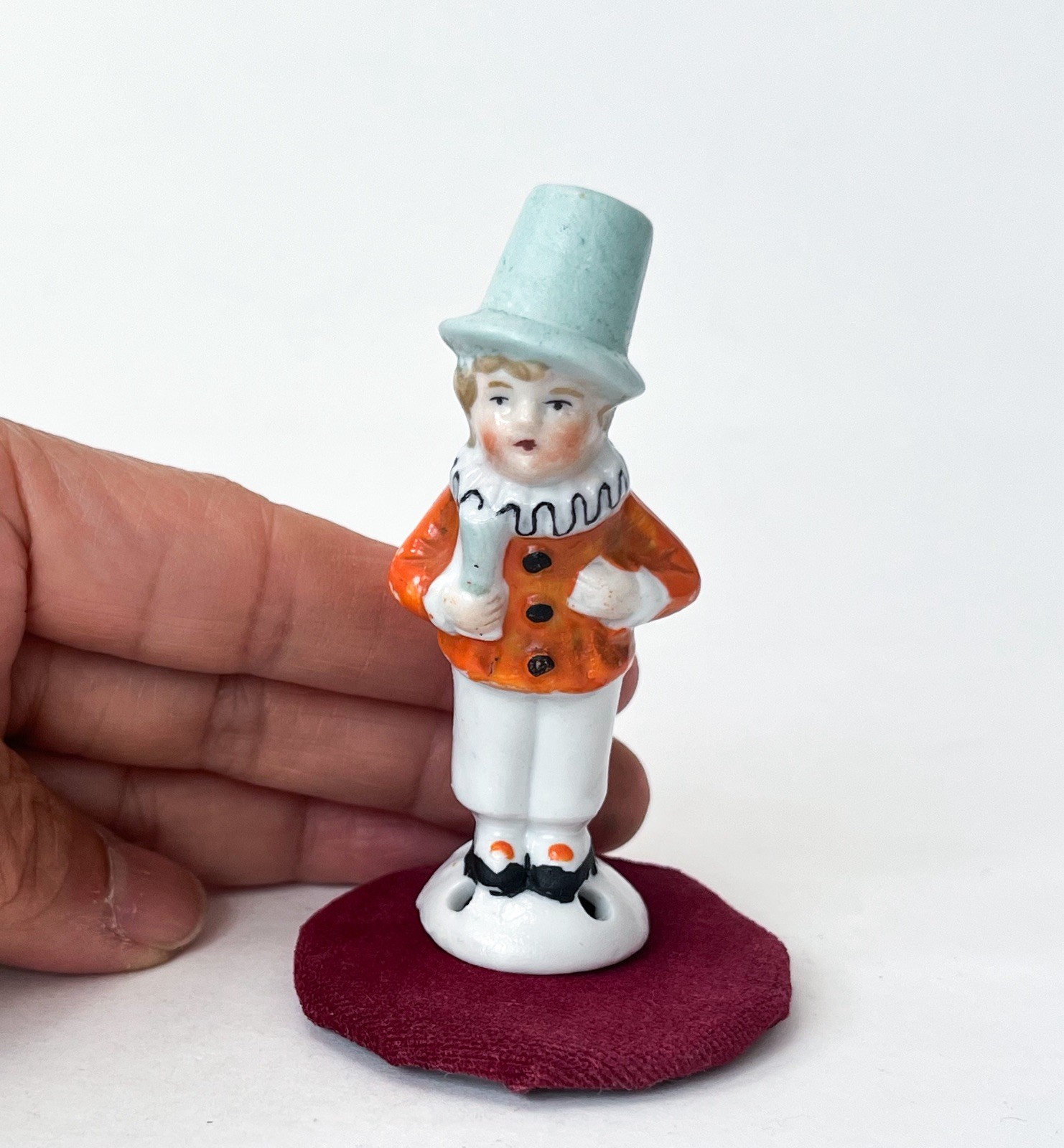 VTG Clown Pierrot Thimble Holder Pin Cushion Half Doll Porcelain Figure Germany