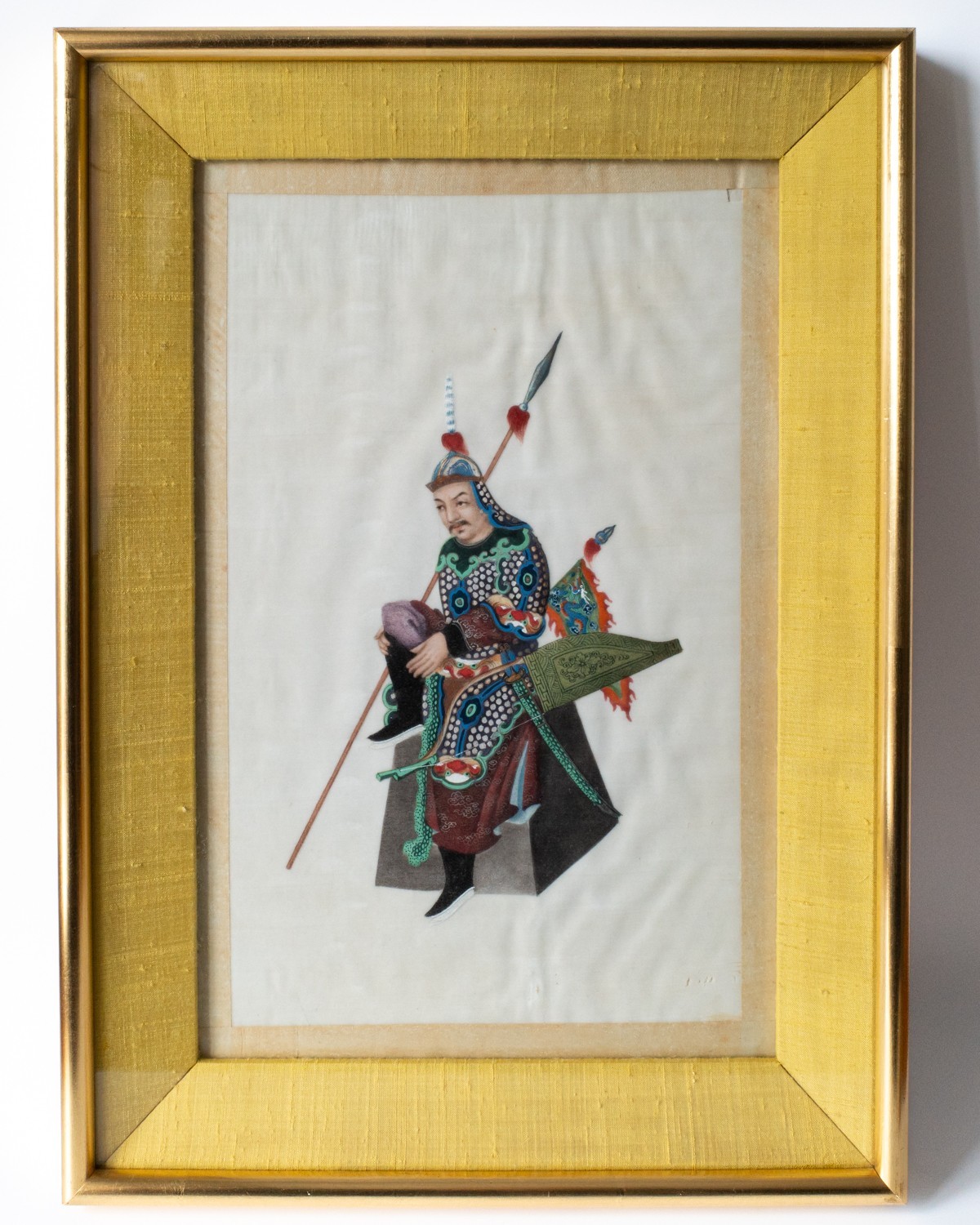 Large Chinese Antique 19th C Qing Warrior Export Gouache Painting on Pith Paper