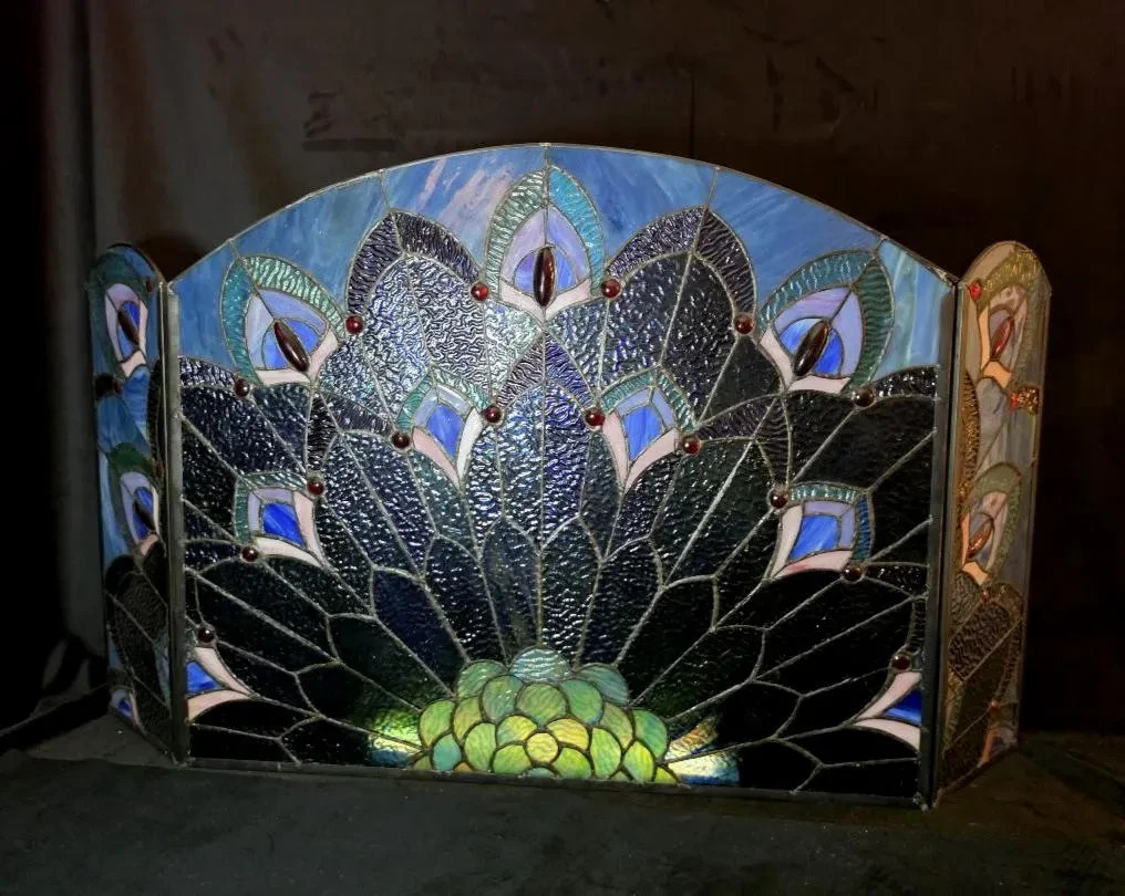 Antique Unique Handmade Peacock Stained Glass 20″ Tall Fireplace Front