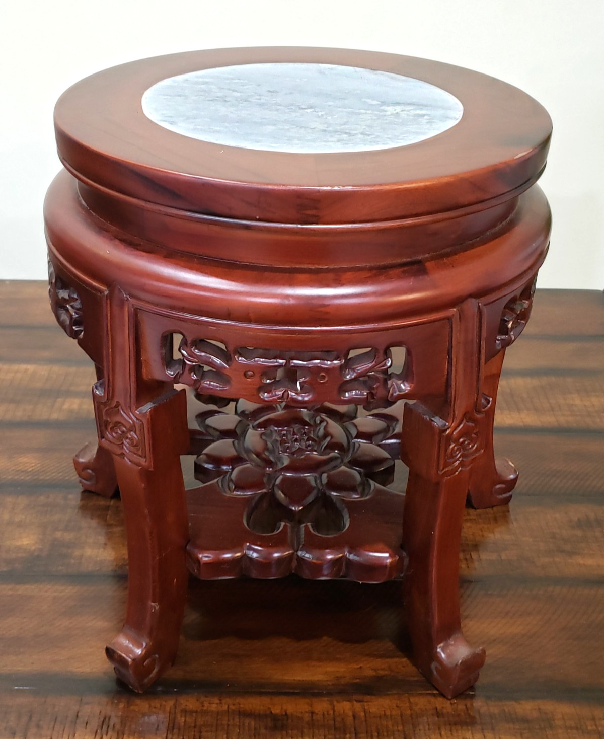 Chinese Hand Carved Rosewood Marble Top 14″ Pedestal Plant Stand Table Antique
