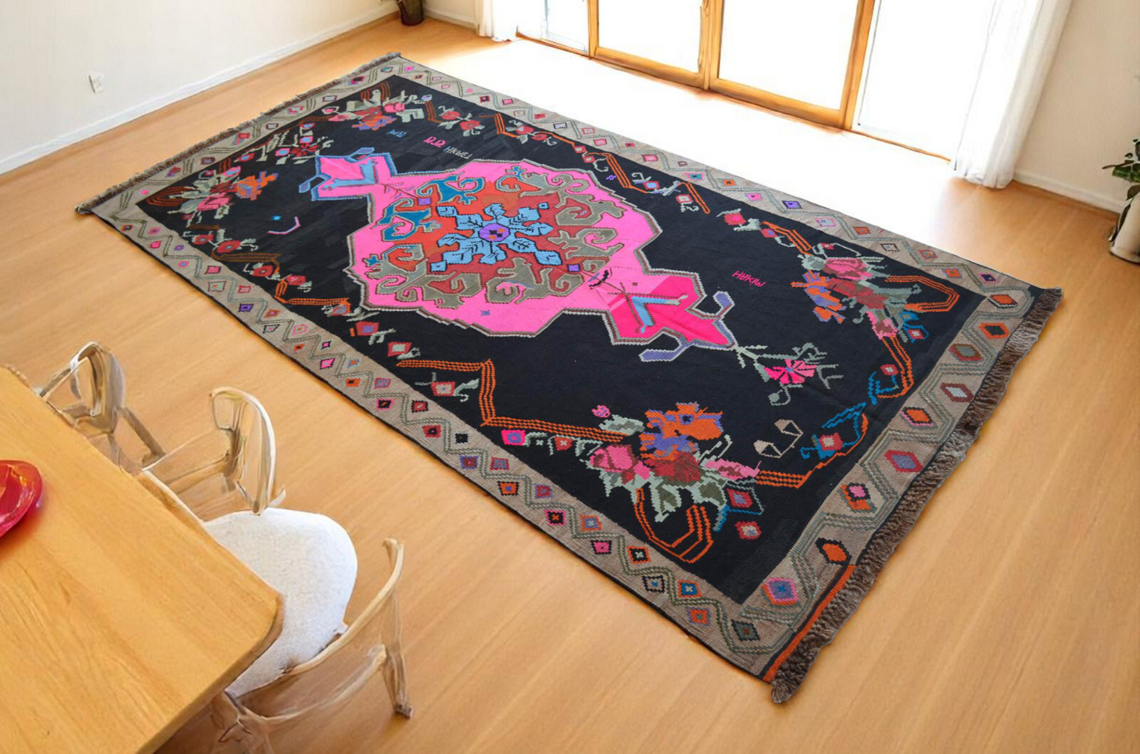 77″ x 154″ Karabakh Rug Hand Woven Kilim Large Area rug 6’5″ x 12’10” HOT PINK