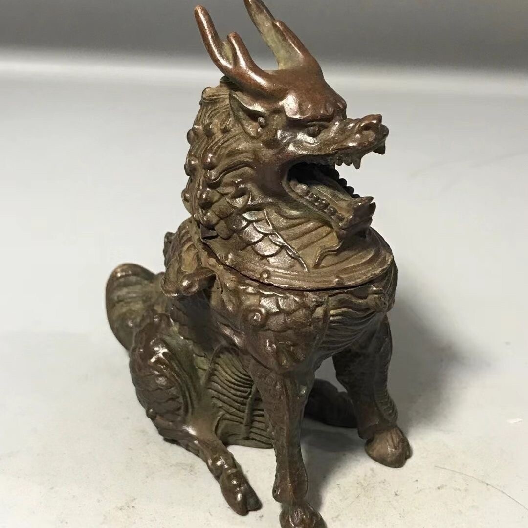 Chinese bronze hand cast kirin art statue collectable incense burner tea pet-