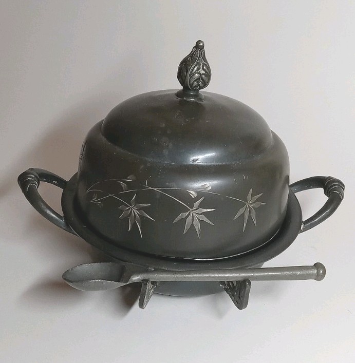 Antique Covered Butter Dish with Ice Hull and Knife Rest Early 1900s