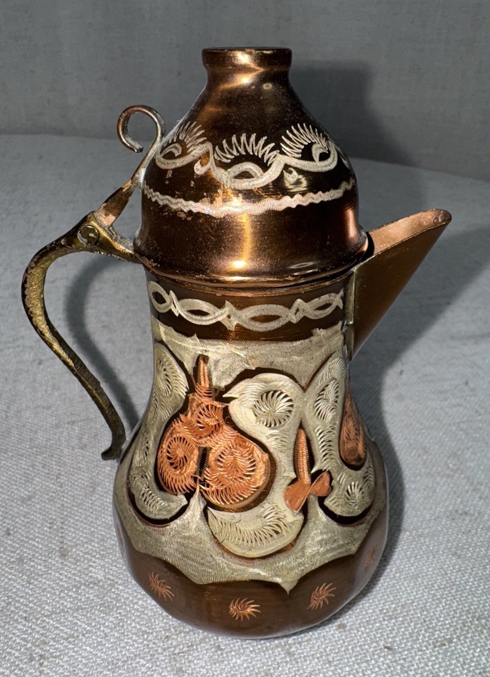 Antique Middle Eastern Dallah Arabic Coffee Tea Pot Tinned Etched Copper 6”