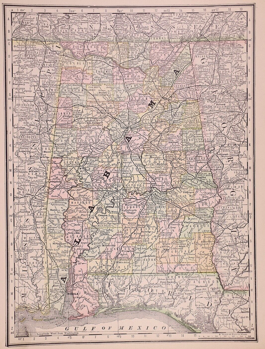 1889 Map ~ ALABAMA ~ Free S&H (11×14)