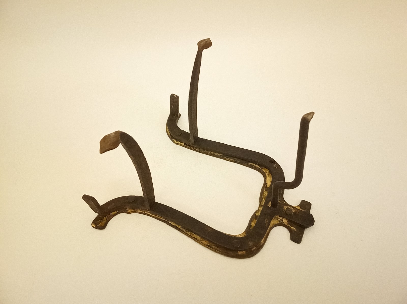 Antique primitive wrought iron standing trivet brass top Pennyslvania Dutch