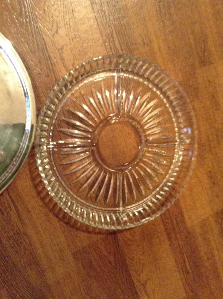 12″ Round 4 section glass insert raised edge silverplate serving tray