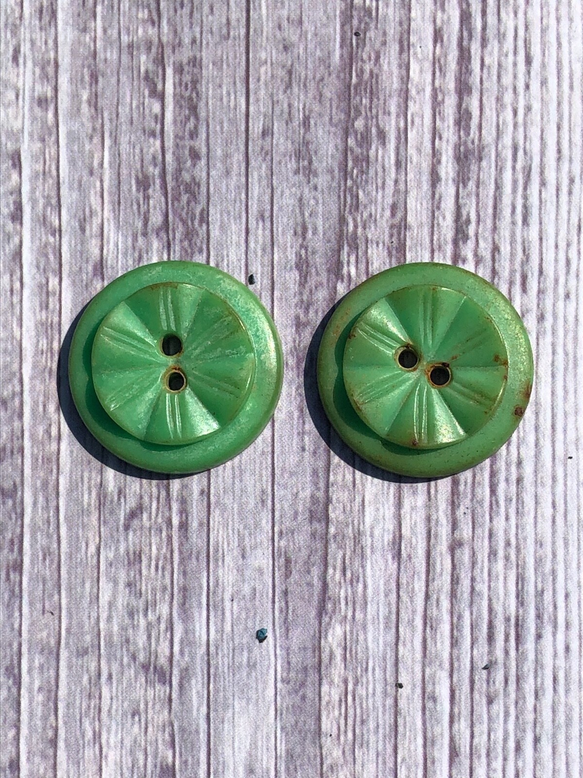 2 Early Vtg. Plastic Lucite Green Buttons Floral Motif 7/8″ 2 Holes B13
