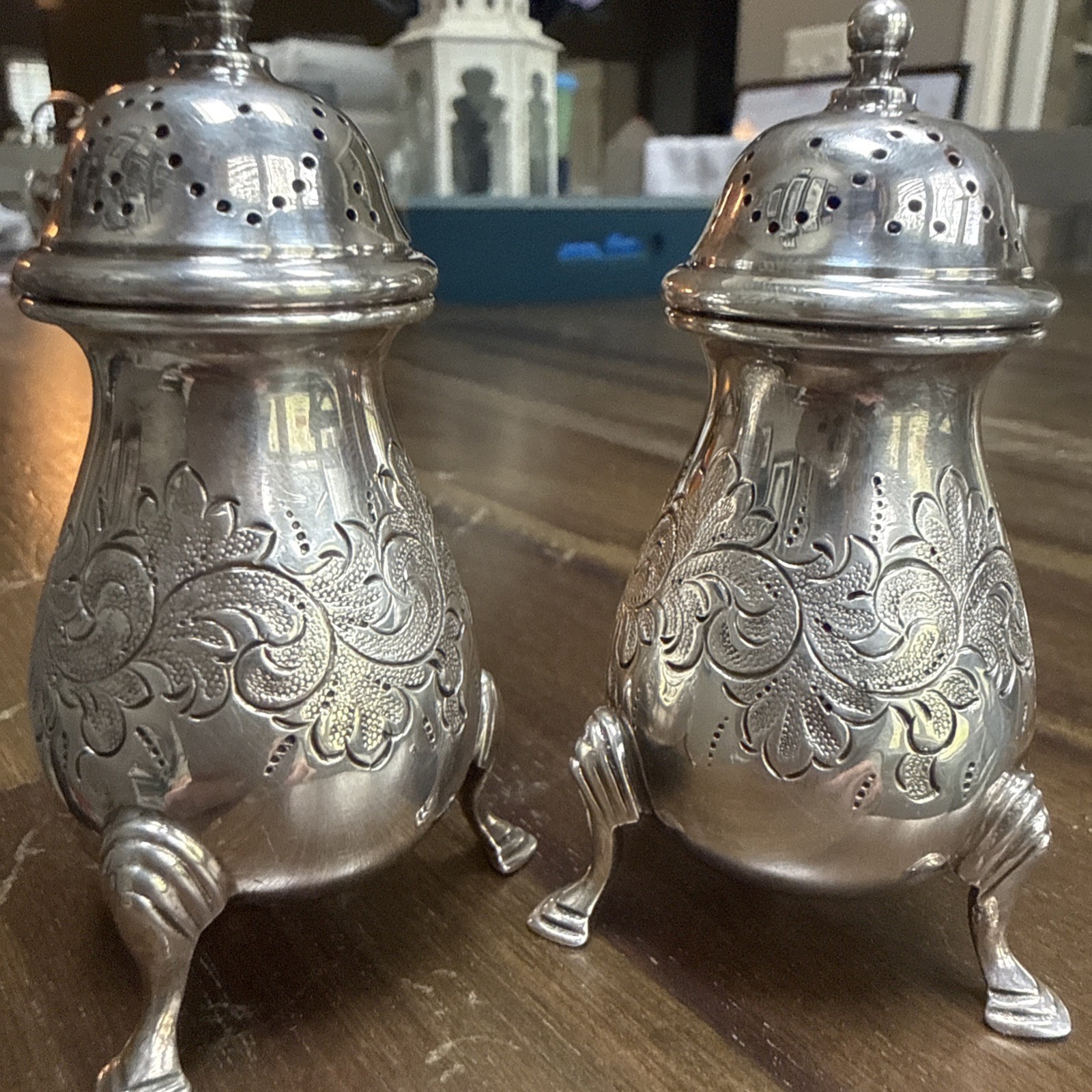 Antique Ellis Barker England Silver on Copper Salt Pepper Shakers Menorah Mark