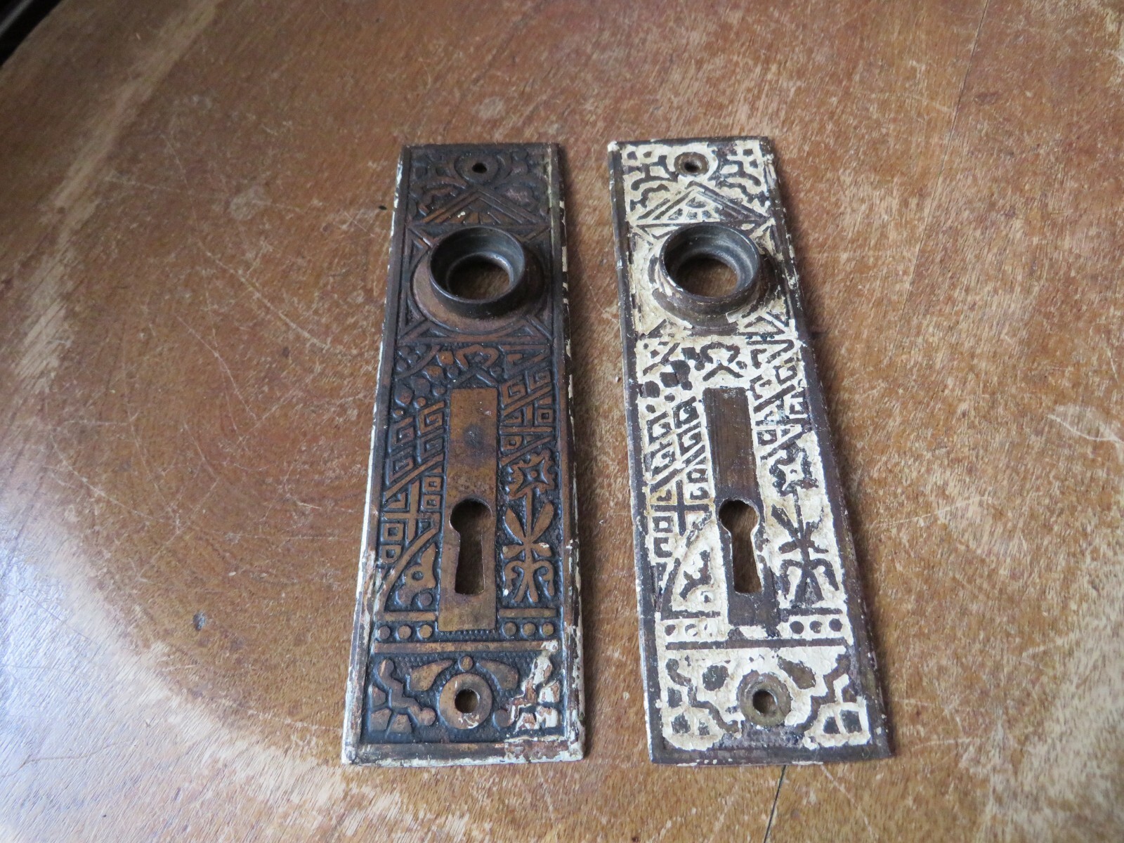 2 Matching Ornate Antique Victorian Bronze Doorknob Backplates, 5 1/2 In
