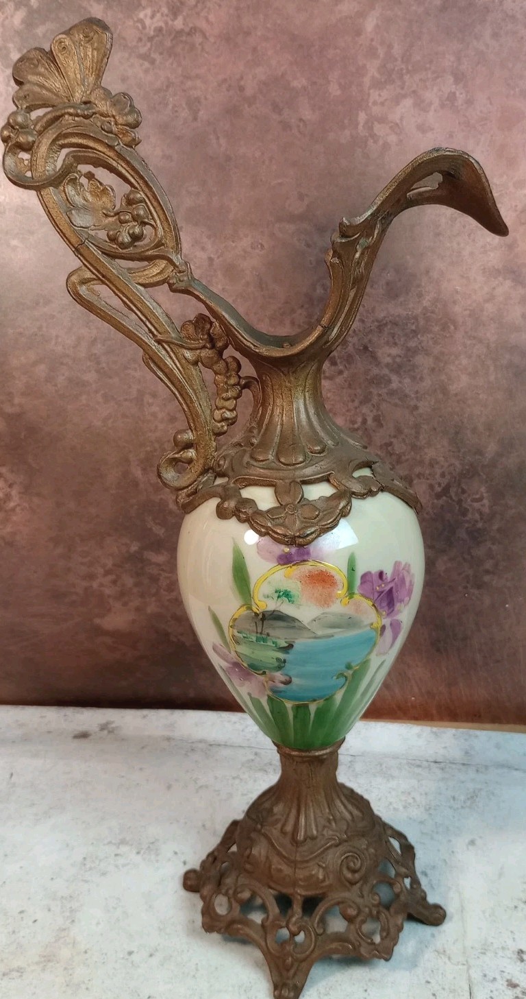 Antique Mantle Ewer Victorian Ceramic Hand Painted Spelter 38x20cm Decorative Gd