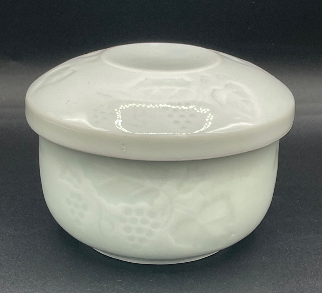 Vintage Asian Embossed Celadon Covered Rice or Soup Bowl, Grape Leaf Pattern