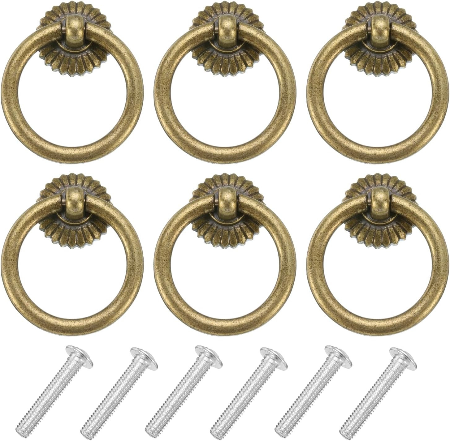 6 Sets Vintage Drop Ring Knobs Retro Dresser Pulls Handles with Screws Zinc Allo