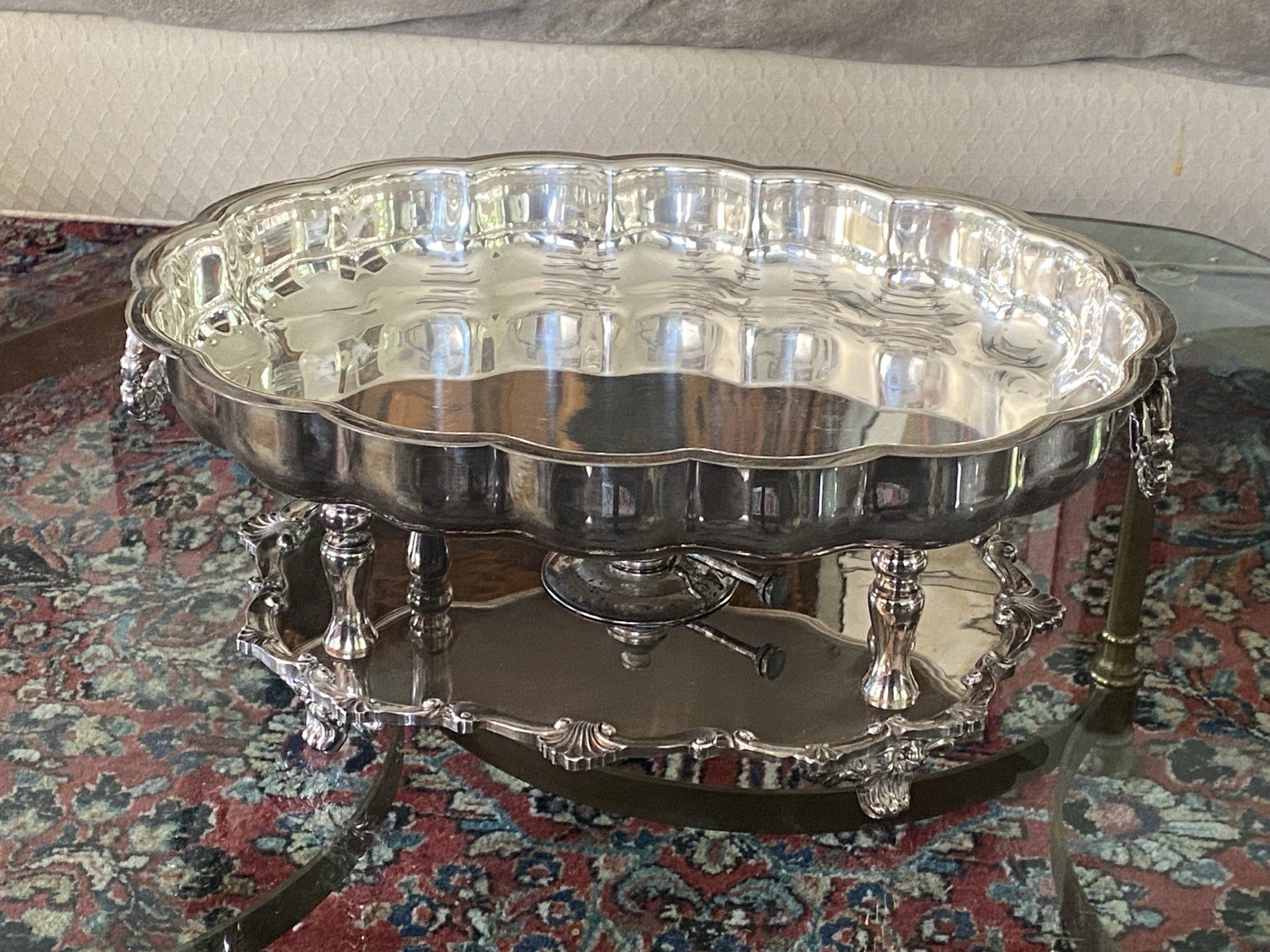 ANTIQUE VICTORIAN SILVER PLATED CHAFING DISH WITH FOOD WARMER