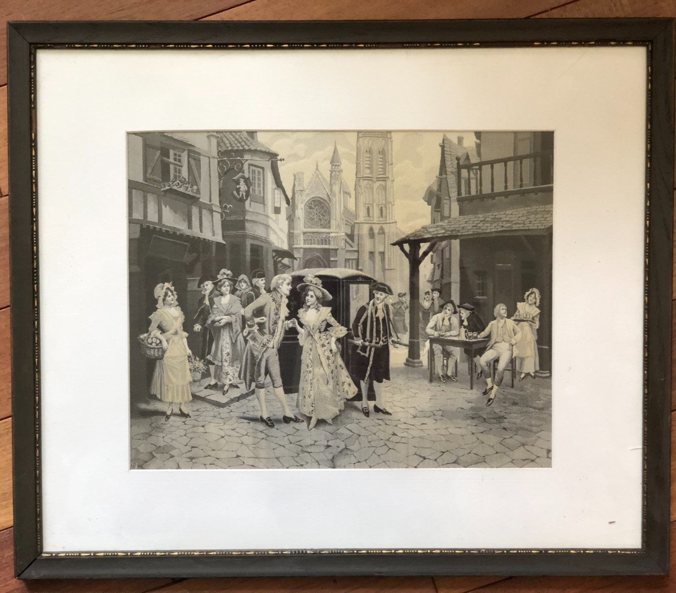 Antique French Neyret Freres Silk Textile Victorian Street Scene Framed 19x16in