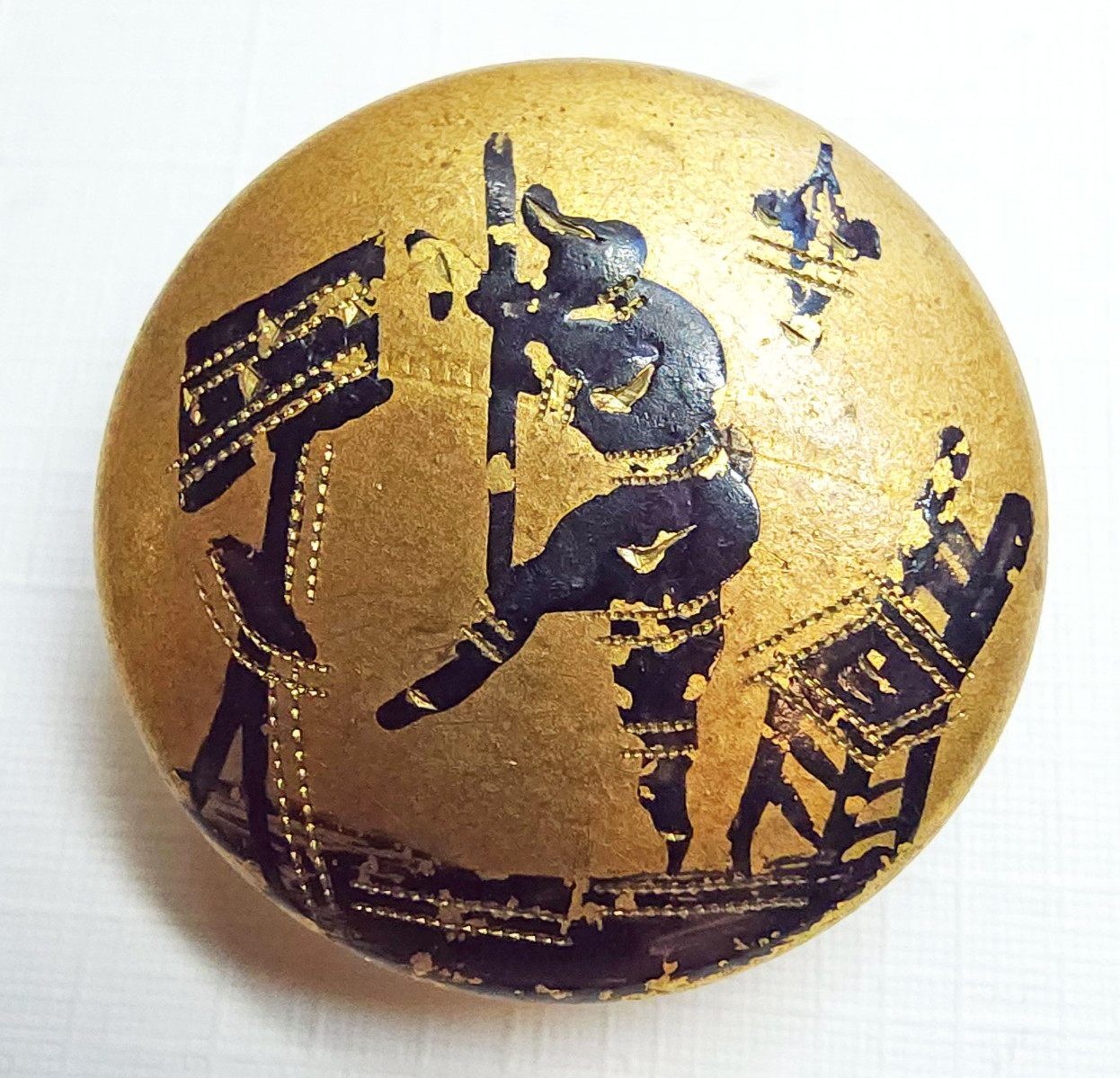 Oriental Musician Painted on Antique Engraved & Gilt Brass Picture Button ~ 7/8″