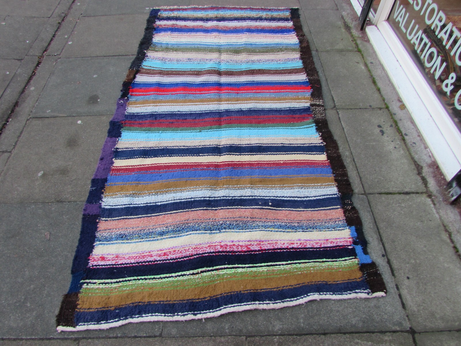 Vintage Traditional Hand Made Oriental Cotton Blue Large Kilim 233x125cm