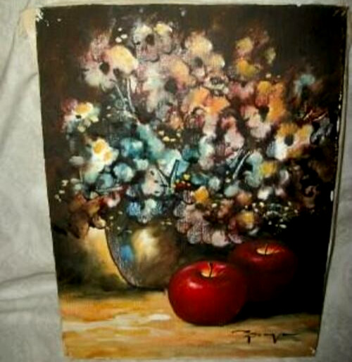 Vintage Impressionist Floral Fruit Oil Painting Signed Braga Nailheads Ukraine
