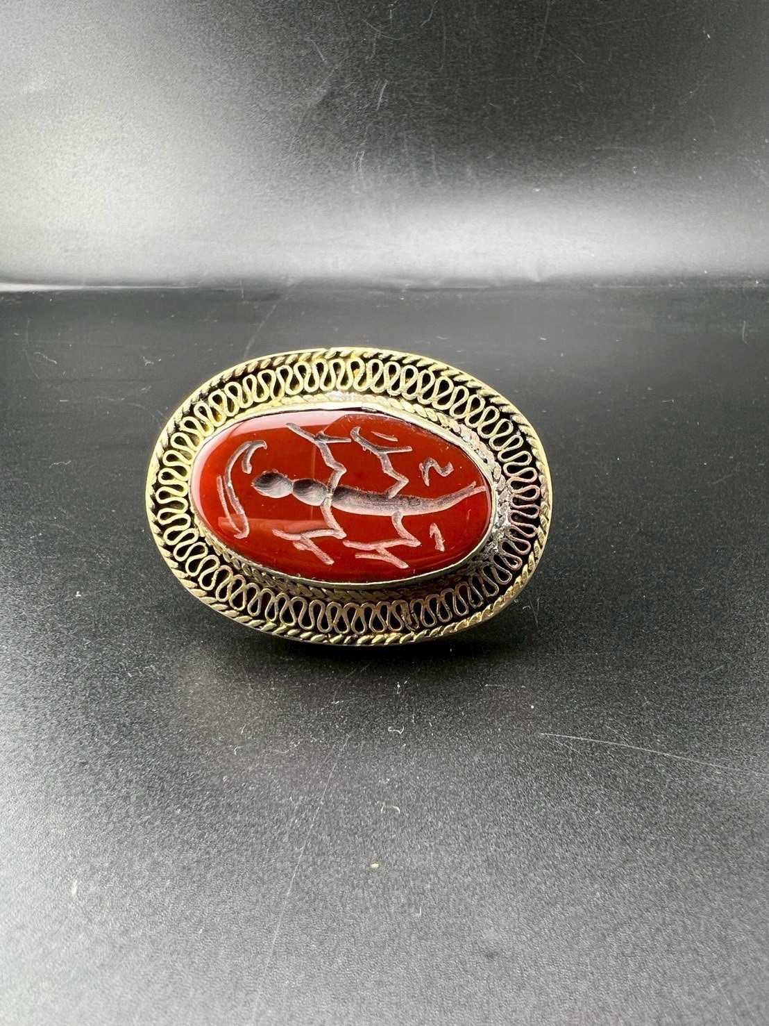 Roman Ancient Near Eastern Carnelian Intaglio Scorpion Ring Brass Filigree