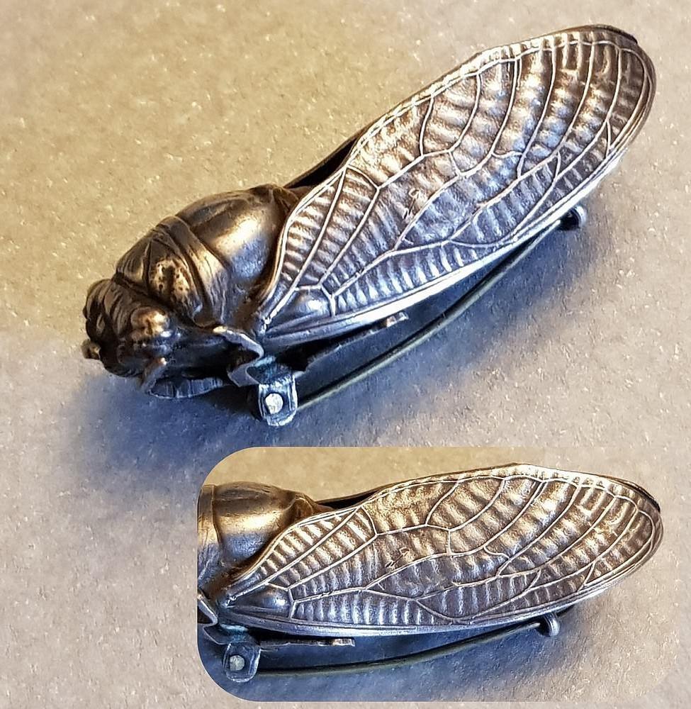 ART NOUVEAU Carved silver Cicada Insect Brooch symbol of longevity antique 1890