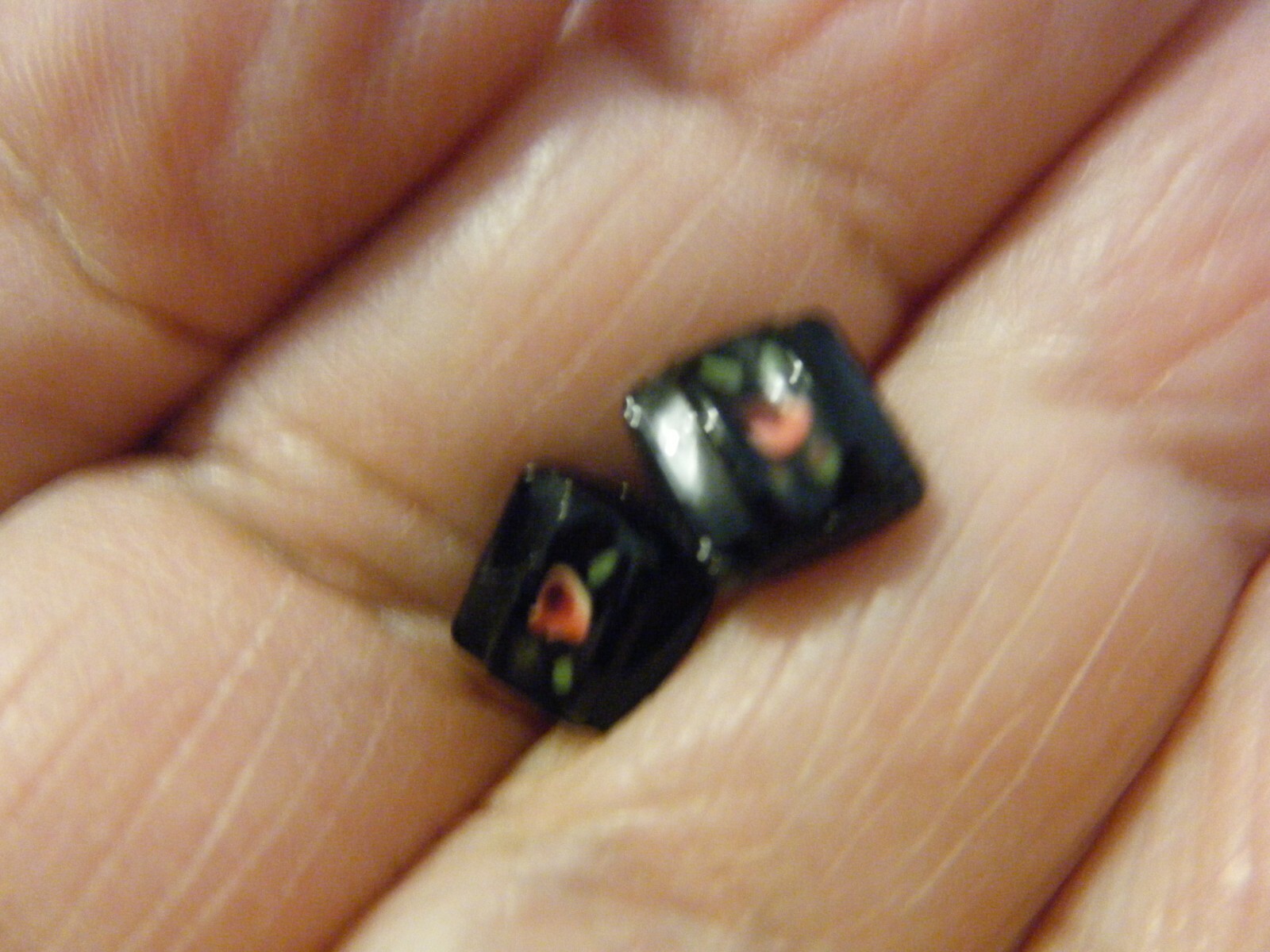 Antique 2 glass button diminutive design rose w 4 leaves h painted square sz 5mm