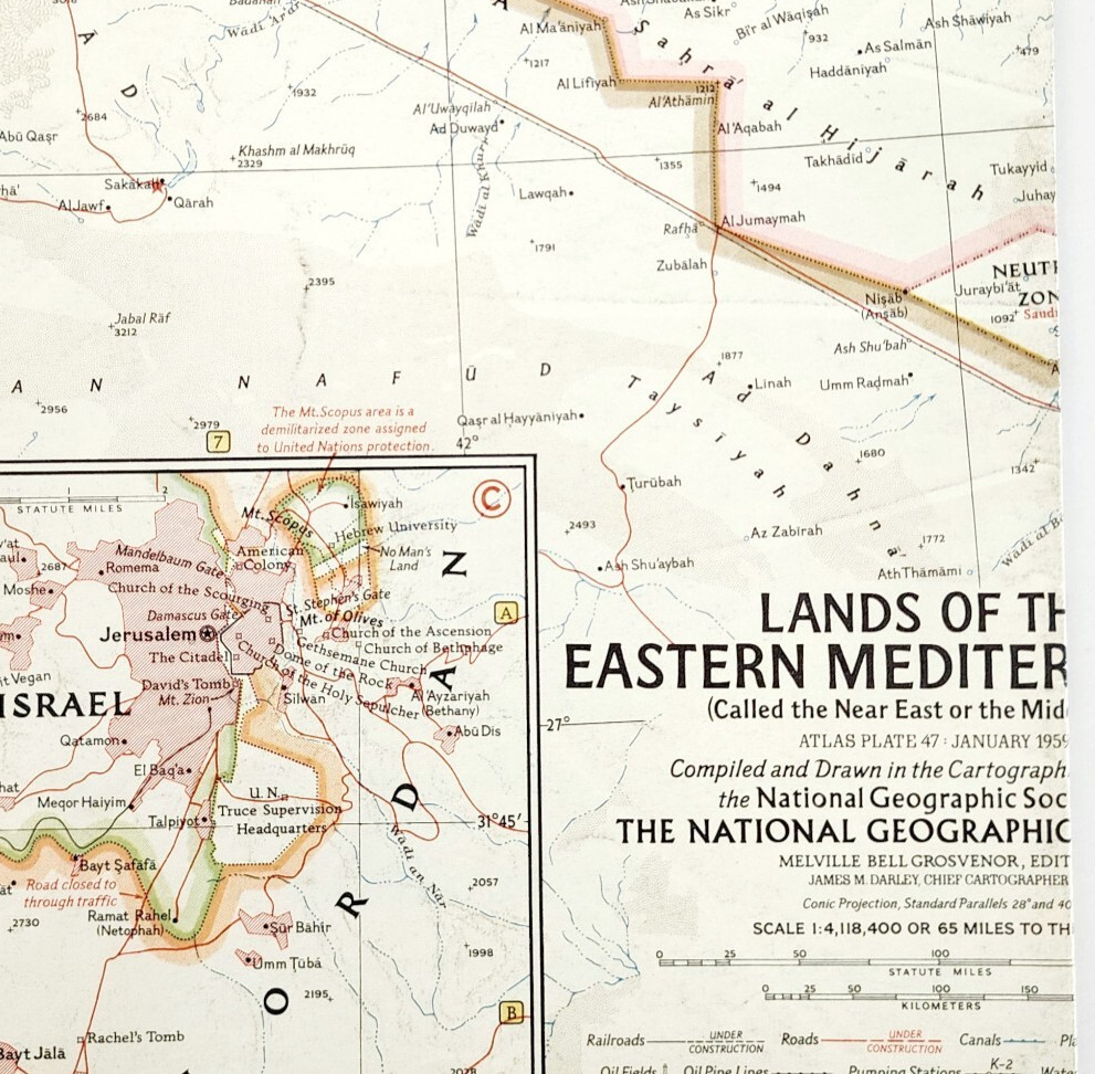 1959 Middle East Eastern Mediterranean Map National Geo Israel 24.75 x 19″ F13F