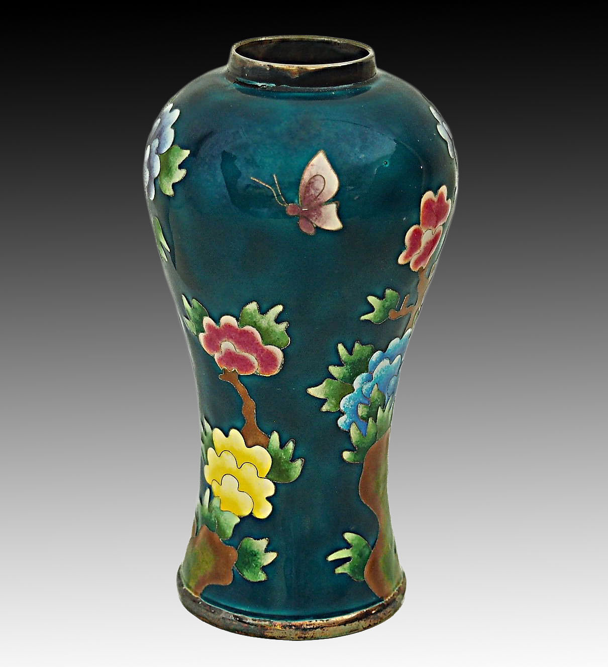KOREAN 99% Pure Silver Cloisonne Enamel Flowers Butterfly Vase