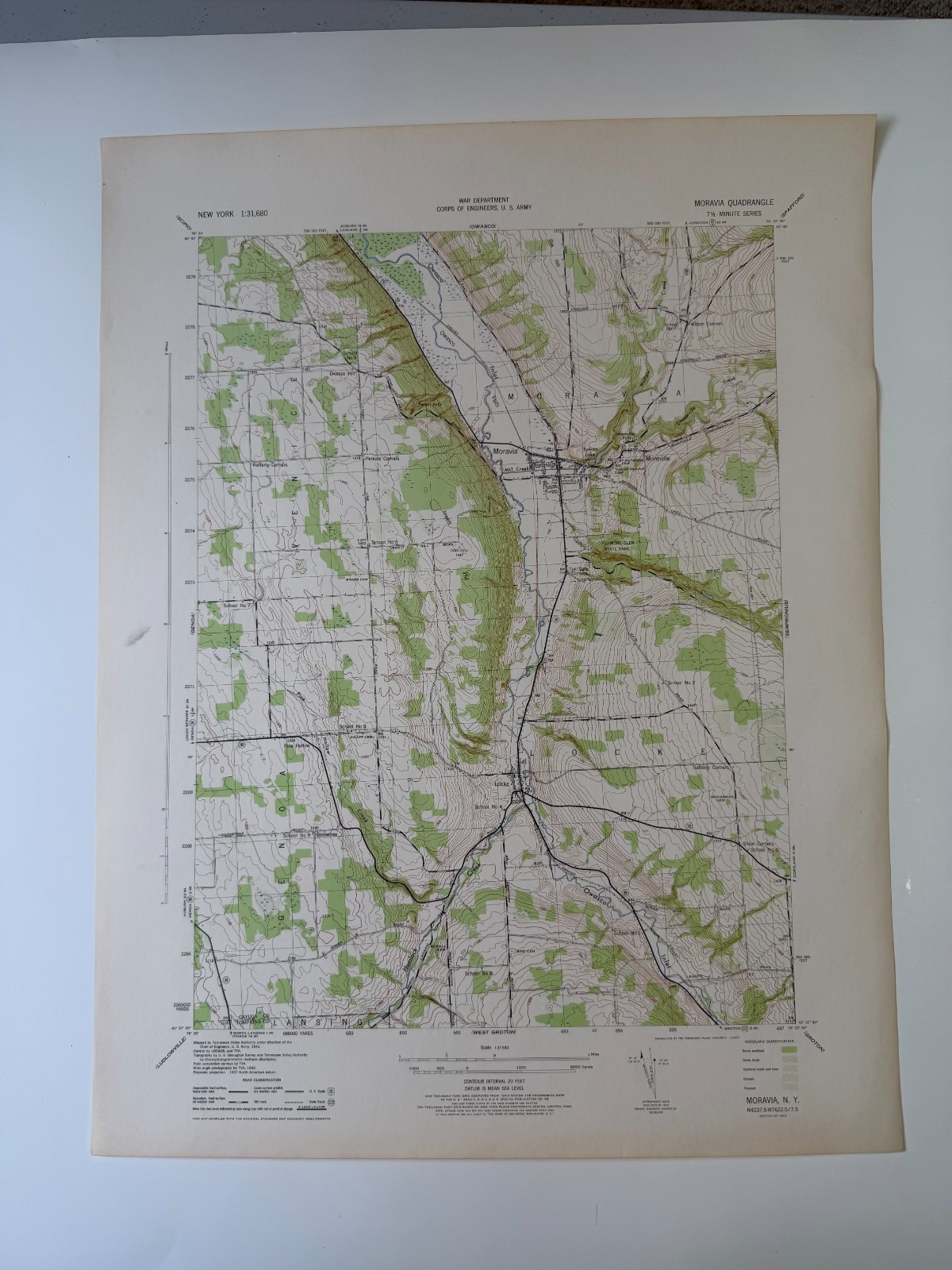 Vintage USGS 7-1/2 Minute Topographic Map, Ed. 1943, Moravia, NY