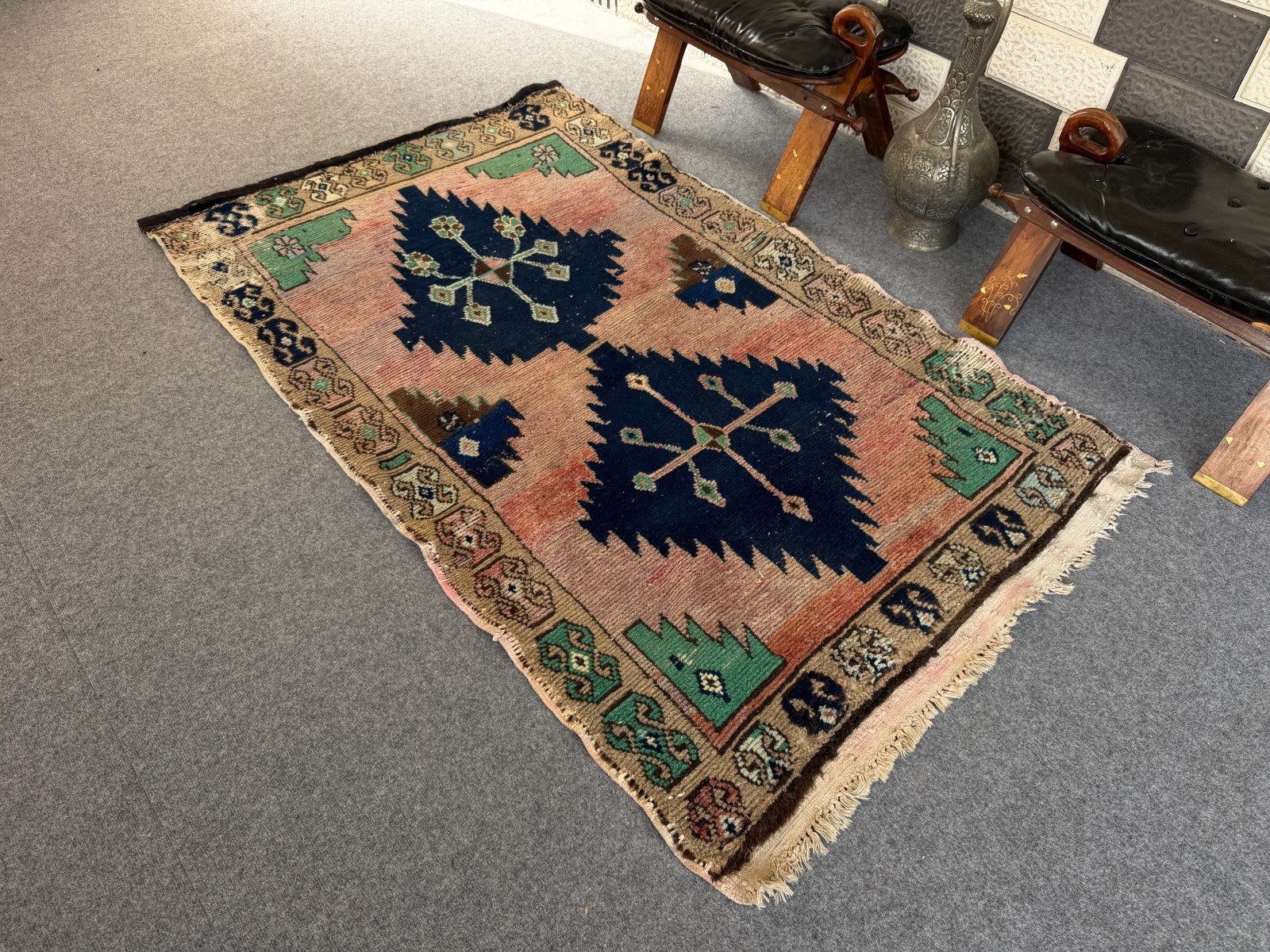 Vintage Turkish Oushak Rug 3×5 Ft, Handmade Anatolian Wool Rug Blue Boho Accent