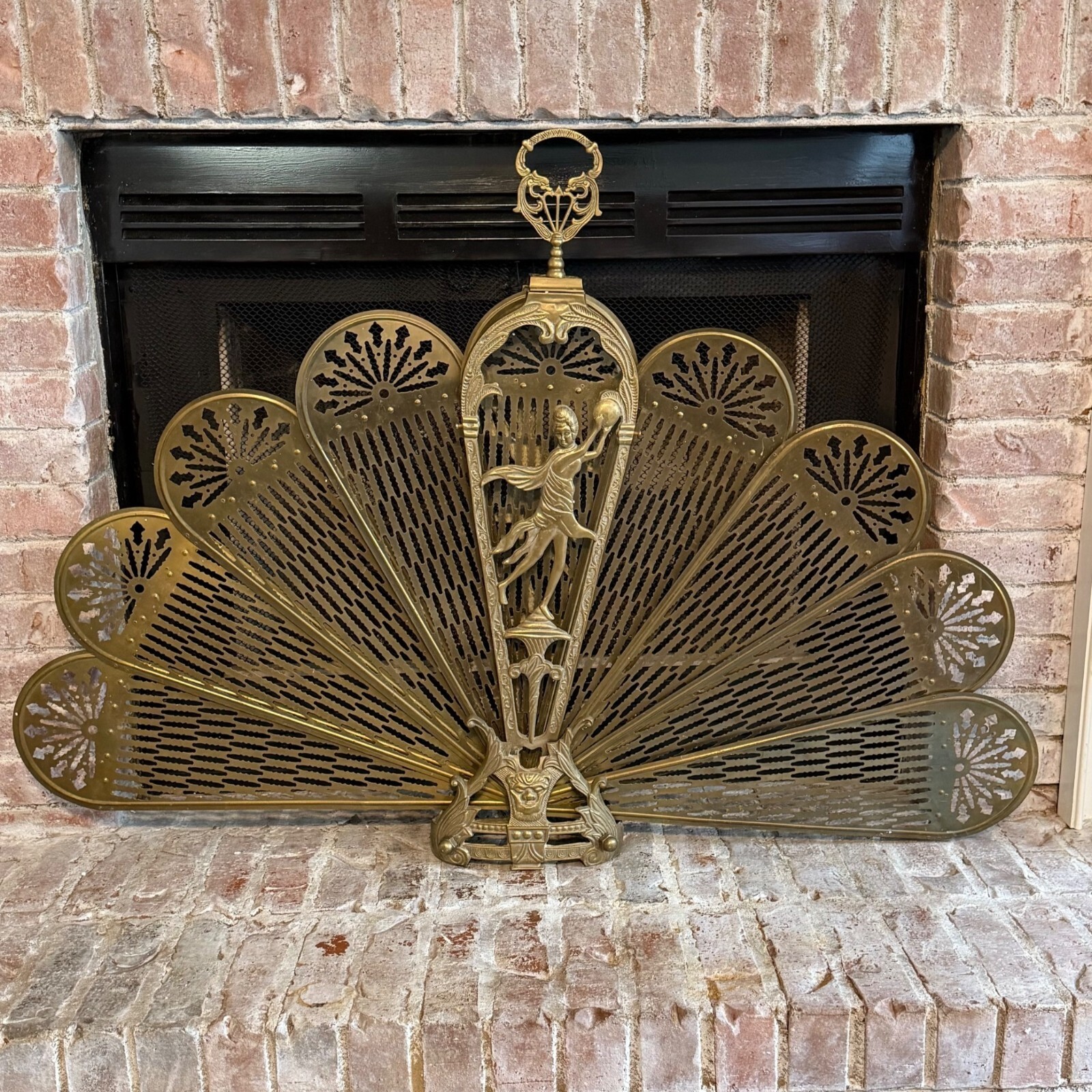 XL Vintage Art Deco Fireplace Screen Brass Ornate Peacock Folding Fan Rare 47″ W