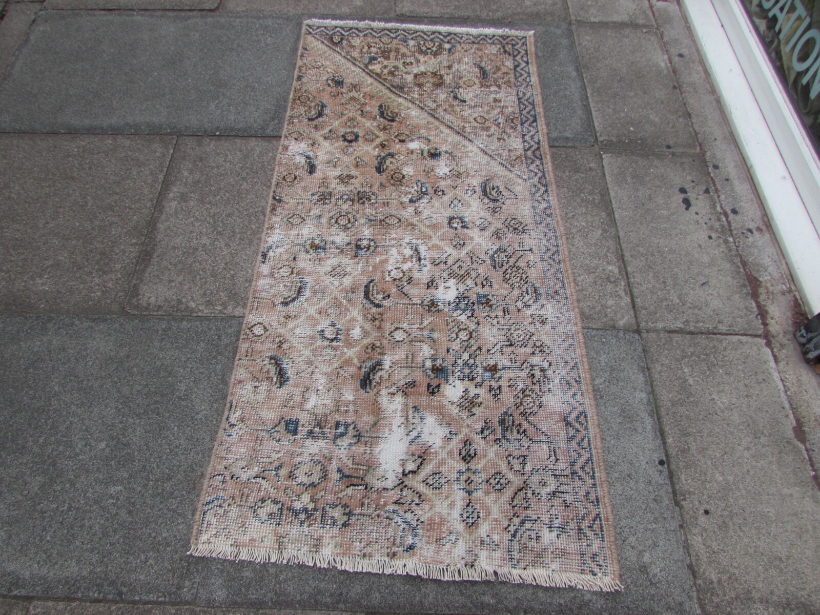 Vintage Worn Fragment Hand Made Traditional Oriental Wool Pink Runner 163x76cm