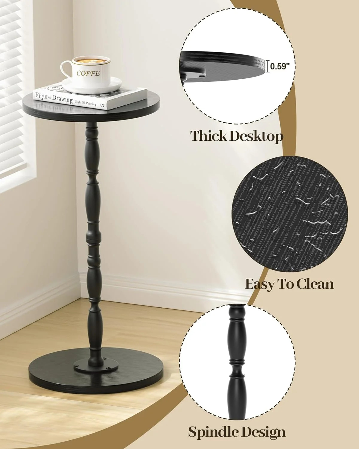 Round Side Table, Drink Table for Small Spaces, Vintage Accent Side Table, Pedes