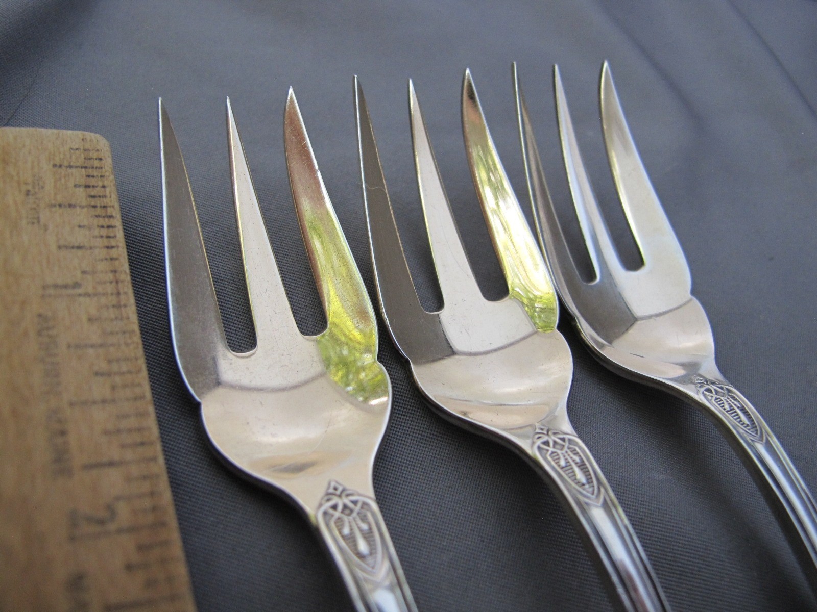 SET OF 3 Rare John Polhamus HONEYSUCKLE (1867) Small 3-Tine FORKS-Gilt Ends